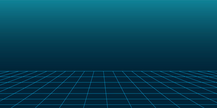 Cyan 3D perspective grid line abstract background vector illustration, dark blue futuristic cyber technology backdrop with copy space for gaming presentation slide, synthwave banner, and web header.