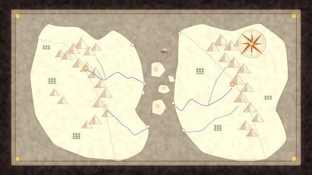 3d animation ancient map scroll unfolding parchment or papyrus showing location discovery