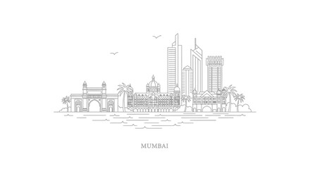Naklejka premium Mumbai Skyline Outline - India Cityscape Line Art