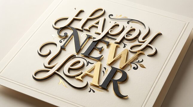 Elegant happy new year typography design with gold and black lettering on a textured offwhite background