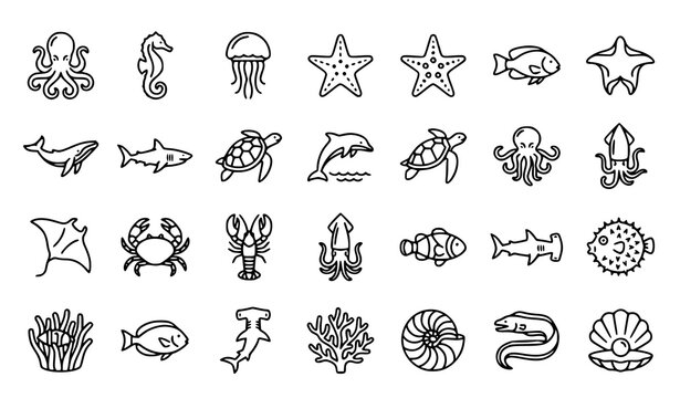 Set of sea animals and marine life line icons including octopus whale and starfish ocean creatures hammerhead shark icon set black and white flat line starfish jellyfish seahorse