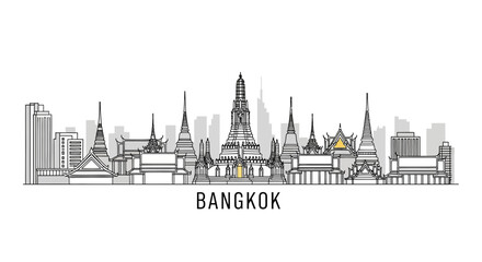 Fototapeta premium Bangkok Skyline Line Art - Famous Thai Temples and Buildings Silhouette