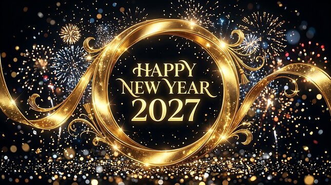 Happy New Year 2027 elegant gold greeting card with festive fireworks background
