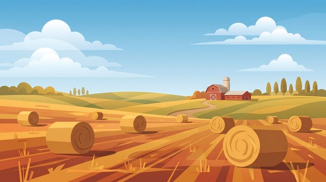 Golden autumn harvest field with hay bales, rustic farm landscape with red barn under blue sky, scenic agricultural countryside background