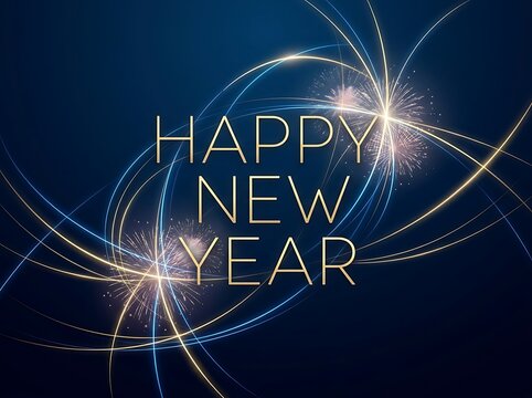 Happy New Year elegant greeting card with glowing golden text and abstract light trails on dark background