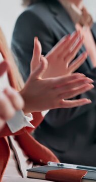 Applause, hands and row of business people in conference, meeting and presentation success. Audience, corporate and workers clapping for feedback in finance workshop, seminar and convention in office
