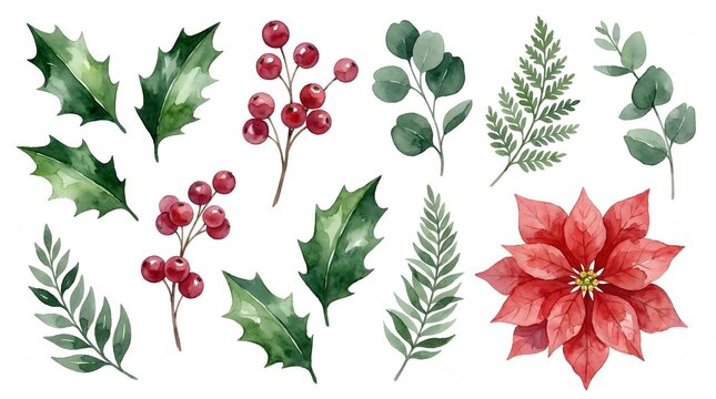 Set of festive watercolor christmas elements featuring holly leaves red berries eucalyptus branches and a beautiful poinsettia flower