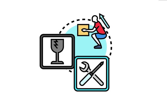 Person properly lifting a box with squat technique, safety and care when handling fragile objects and items requiring assembly or repair, emphasizing careful delivery