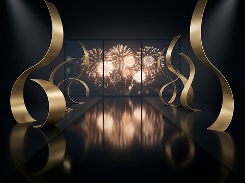 Luxury stage design with gold curved sculptures and firework display background