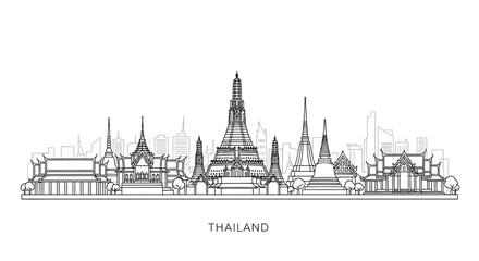 Fototapeta premium Bangkok Skyline Silhouette: Famous Thai Temples and Architecture - Isolated Line Art