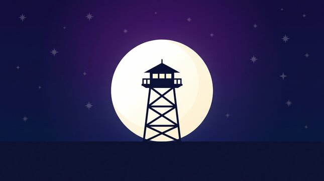 Minimalist watchtower silhouette against full moon, night sky background with stars, lookout tower vector illustration