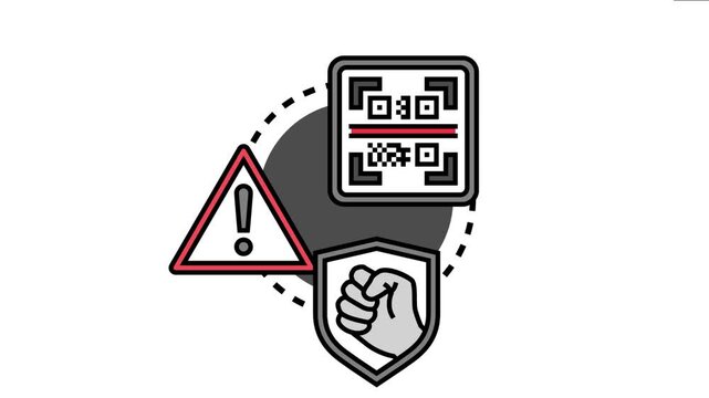 Caution sign concept digital security and data protection, featuring a warning triangle, a qr code scan, and a shield with a fist for defense