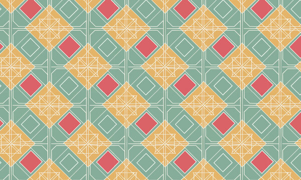 Retro Argyle Diamond Check Seamless Vector Pattern in Sage Green, Coral Red and Golden Yellow