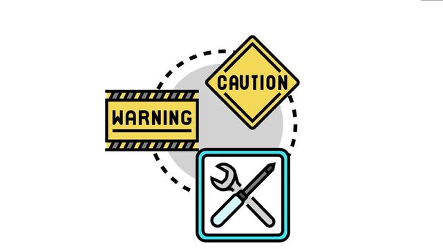 Caution sign concept important aspects of warning, risk, and service, connecting tools like a wrench and screwdriver with safety and danger awareness symbols