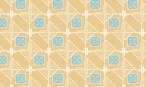 Art Deco Lattice Square Grid Seamless Vector Pattern in Golden Yellow and Blue