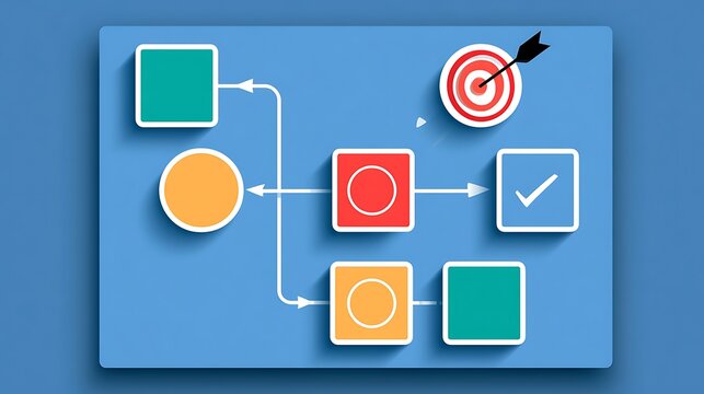Process flowchart diagram with workflow steps and target icon