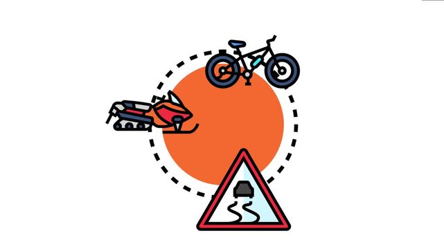 Cautious winter commute concept showing a fat bike, snowmobile, and slippery road warning sign challenging travel and vehicle conditions during cold weather