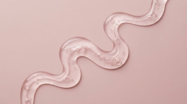Clear gel texture flowing in a wavy line on a soft pastel pink background cosmetic product