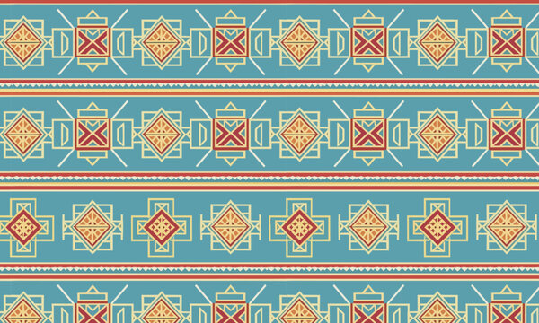 Aztec Horizontal Stripe Seamless Vector Pattern &mdash; Turquoise Teal with Red Orange Folk Geometric Repeat