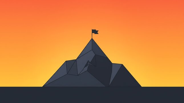 Minimalist mountain peak with flag at sunset, concept of business success and achievement, low poly mountain summit under orange sky