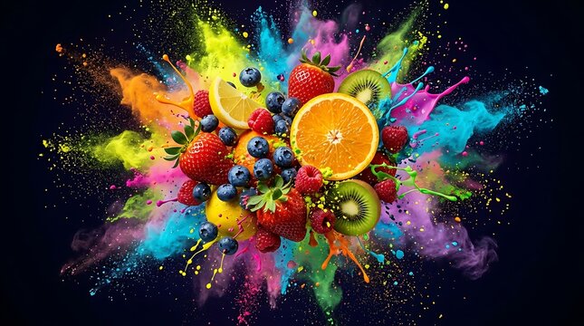 Fresh mixed berries and citrus fruits exploding with vibrant colorful powder on black background
