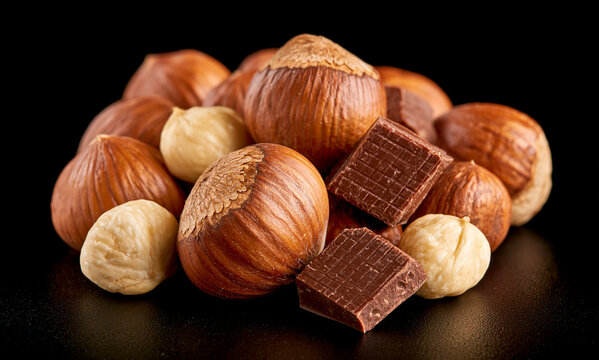 hazelnuts on black background isolated, with cocolate chunks