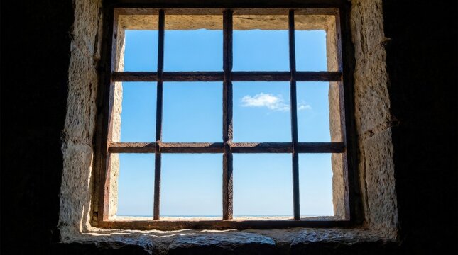 Historic stone window with iron bars looking out to a clear blue sky of freedom