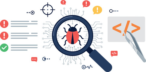 Naklejka premium Software Debugging Code Vector Illustration with Bug Under Magnifying Glass Tweezers Fixing Script Errors and Security Vulnerability Assessment Icons for Tech Apps