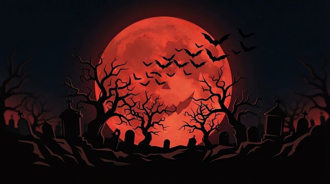 Atmospheric classic Halloween silhouette art: spooky graveyard with twisted trees and flock of bats against a blood-red full moon, vintage poster style