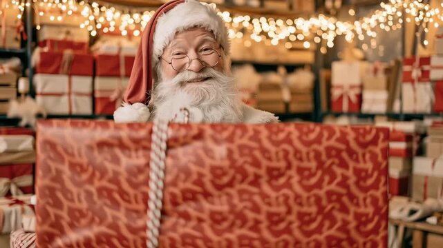 Santa Claus holds a large wrapped gift. His eyes gleam with joy and anticipation. Shelves of presents line the festive warehouse. Warm lights glow softly behind him