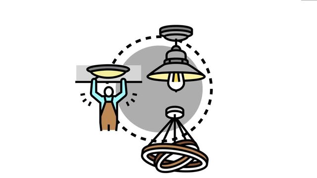 Worker mounting a ceiling lamp, various lighting fixtures and the process of home improvement and electrical installation