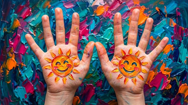 Child hands with painted suns against a colorful abstract oil paint background