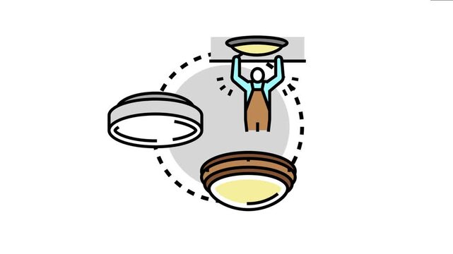 Manual worker installing or repairing an indoor ceiling light fixture, symbolizing home improvement services, electrical repair, and professional maintenance