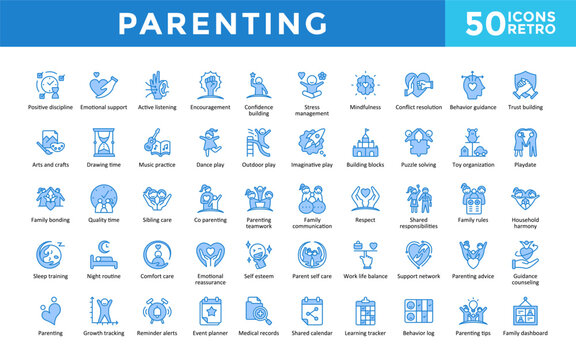 Parenting icons set with positive discipline, emotional support, active listening, encouragement, confidence building, stress management, mindfulness icon. Simple retro vector 