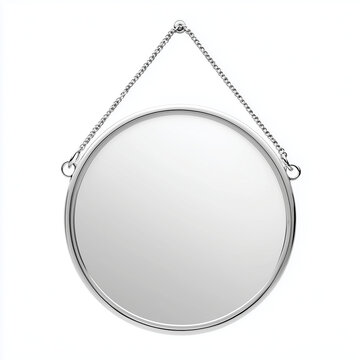 Round Hanging Mirror with Metallic Chain Isolated on White Background