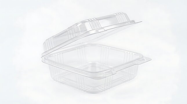 Clear plastic food container with hinged lid open on a white surface for takeout and delivery