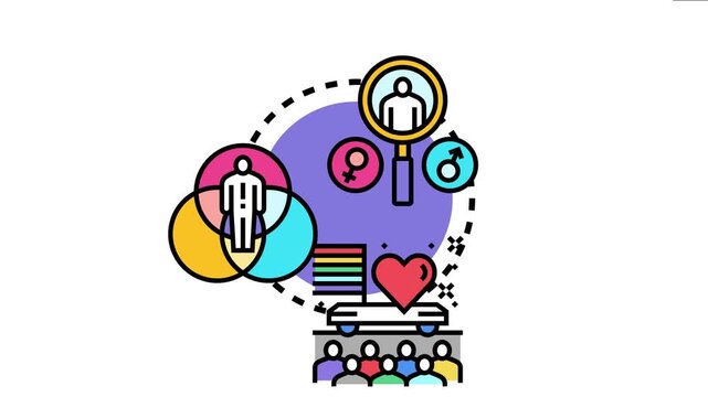 Identity and orientation concept self discovery, gender expression, and love, with symbols of male and female, individuals, and a parade celebrating bisexual pride