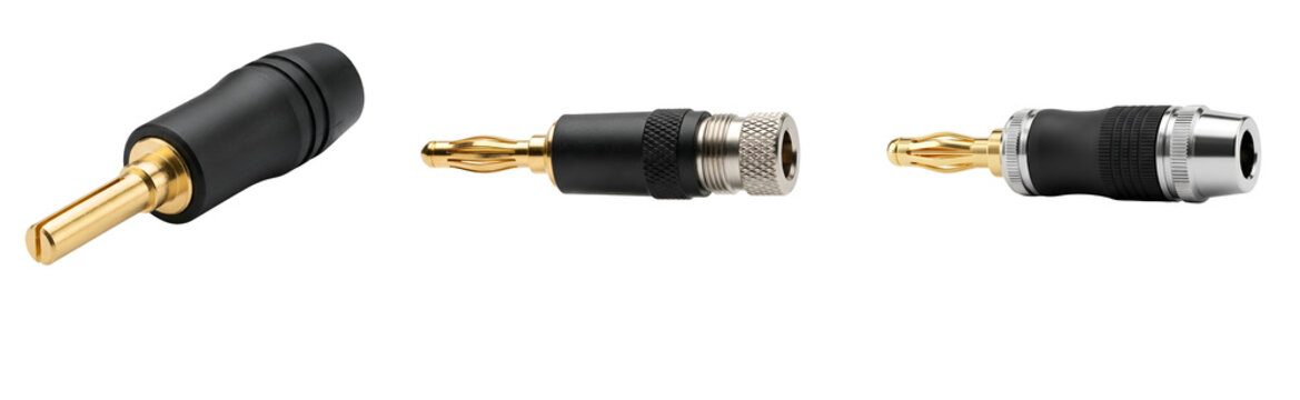 Three RCA audio connectors with gold-plated pins on a transparent background