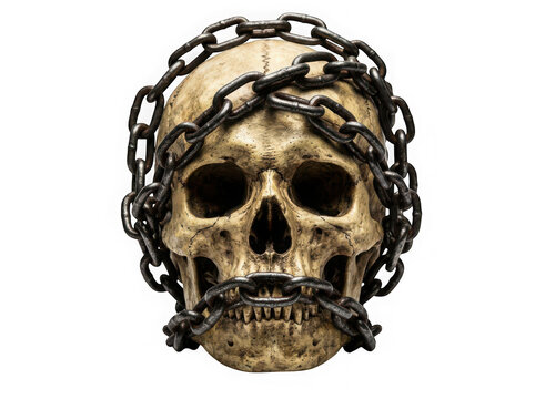 Human skull wrapped in heavy metal chains isolated on transparent background