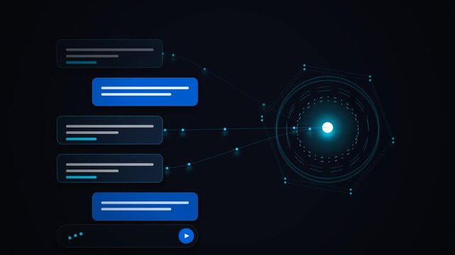 Futuristic HUD interface animation featuring glowing blue chat boxes connected by digital data lines to a central concentric geometric node on a dark background.