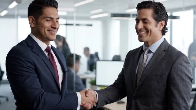 Two smiling businessmen shaking hands in a modern corporate office interior