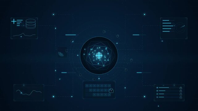 complex futuristic heads-up display (HUD) interface featuring glowing blue digital elements, data charts, graphs, and a central circular target element on a dark blue background.