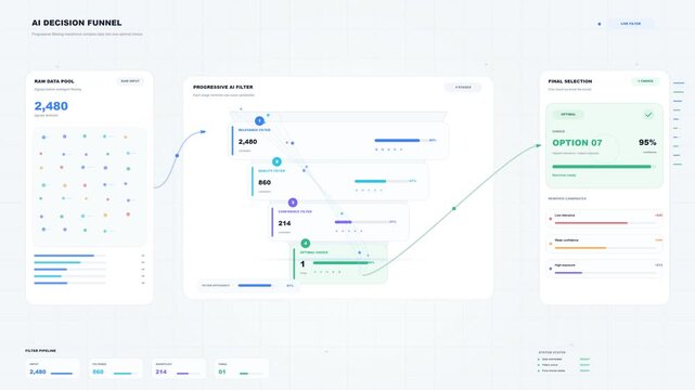 animated digital dashboard showing an AI decision funnel processing raw data through progressive filters into a final selection.