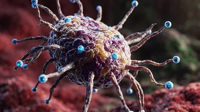 Microscopic view of virus or bacteria cell with tentacles and blue spheres