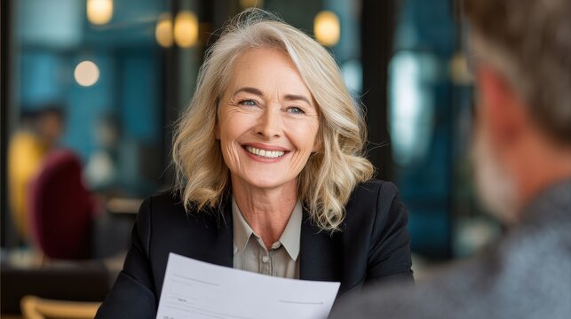 Smiling mature business woman hr holding cv document at job interview. Happy mid aged professional banking manager or lawyer consulting client sitting at workplace in corporate office meeting.