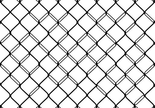 Black wire mesh chain link fence pattern on white background