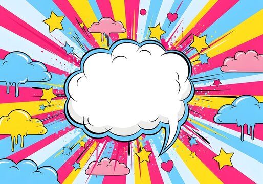 Comic book pop art speech bubble frame on colorful sunburst background