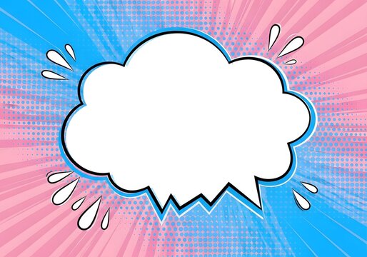 Comic speech bubble background with halftone radial burst in blue and pink