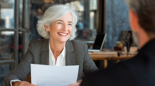 Smiling mature business woman hr holding cv document at job interview. Happy mid aged professional banking manager or lawyer consulting client sitting at workplace in corporate office meeting.