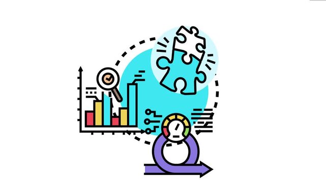 Concept visualizing business strategy achievements, data analysis, and problem solving through iterative development, leading to successful corporate growth